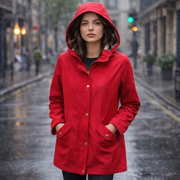 dennis basso Jackets & Blazers - Dennis by Dennis Basso Red Hooded Rain Jacket Women's Size S Snap Zip Lightweigh